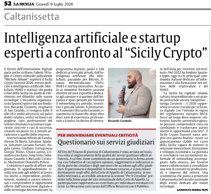 La Sicilia, 9 luglio 2026 — Sicily Crypto Summit 2026